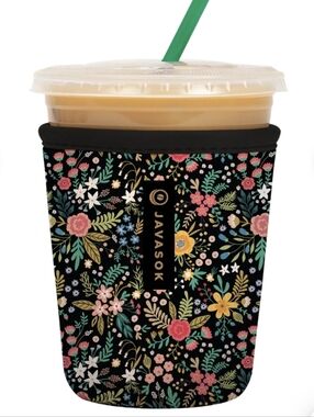 Javasok Floral Neoprene Cold Cup Sleeve  Black with Multicolor Flowers Sok It
